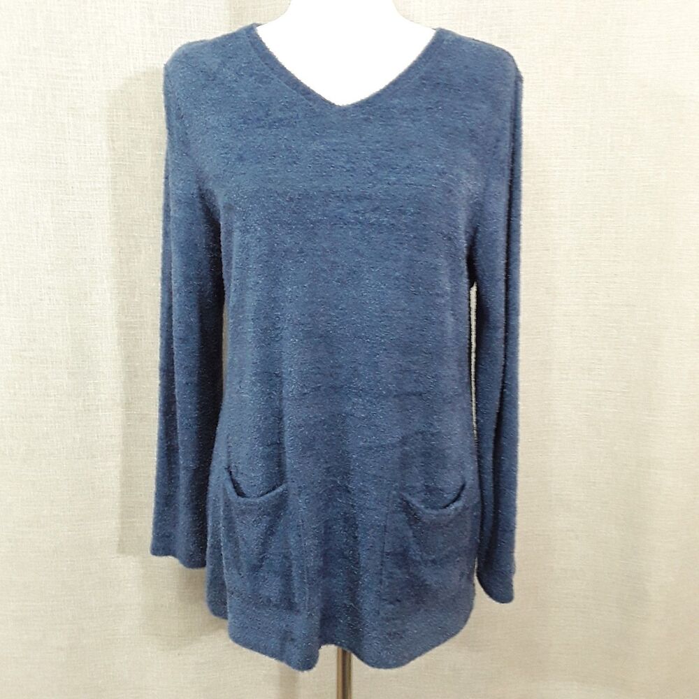 Chico's Size 1 Terry Tunic Top with Pockets Soft Lagenlook Coastal Marled Blue